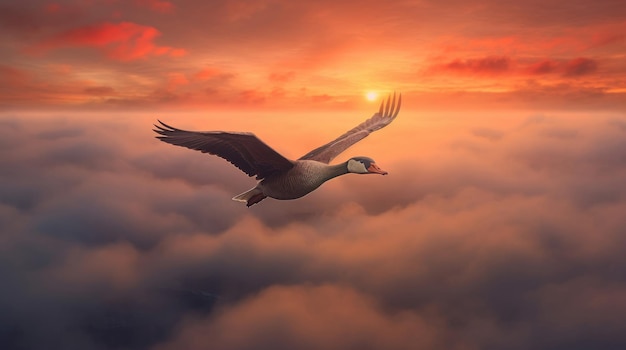 Flying goose above the clouds at sunset in warm colors