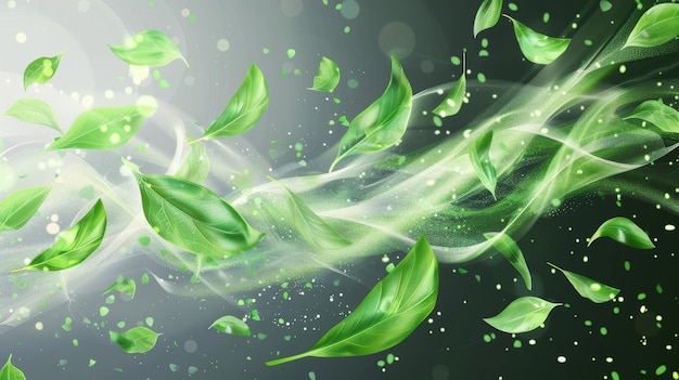 Photo flying green leaves green air flying green leaves wand trail fresh green tea breath realistic 3d modern illustration