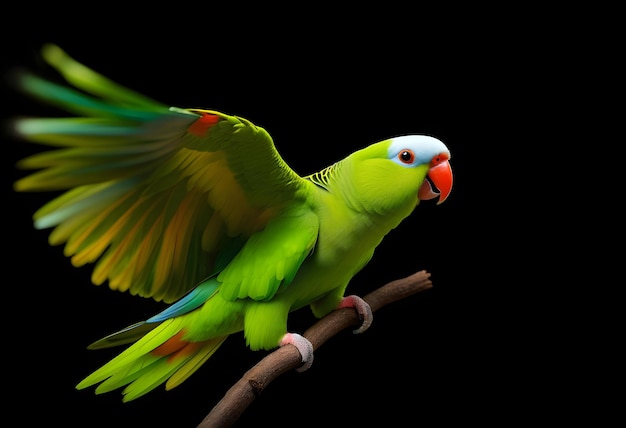 Flying green parrot alexandrine parakeet with colored powder clouds isolated on black background
