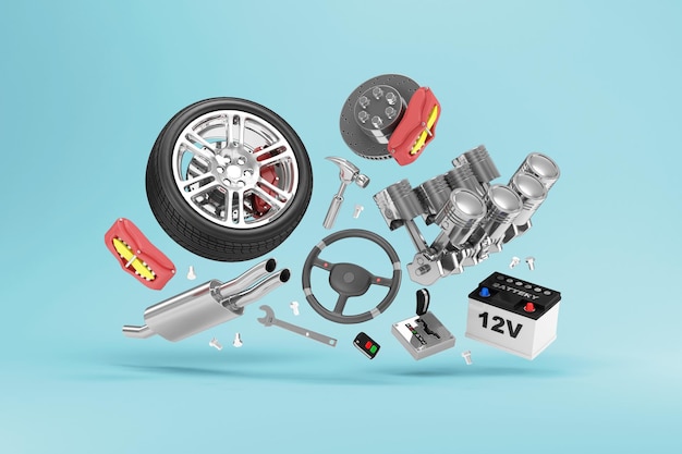 Flying Group of Car Parts on turquoise studio background