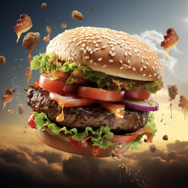 Photo flying hamburger concept of fast food