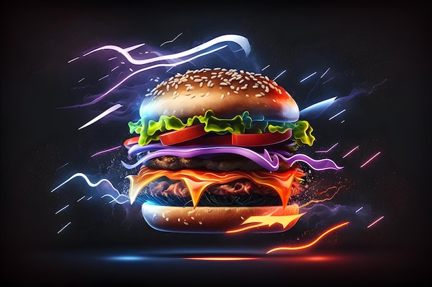 Flying hamburger with neon lights concept of fast food