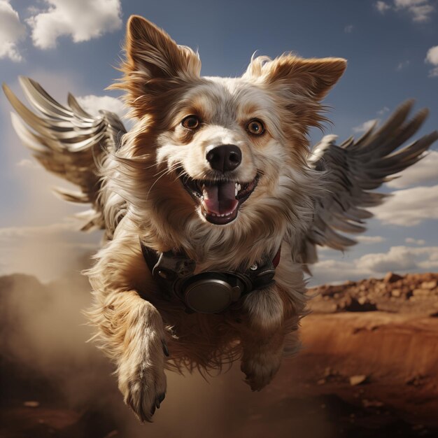 Photo a flying happy dog