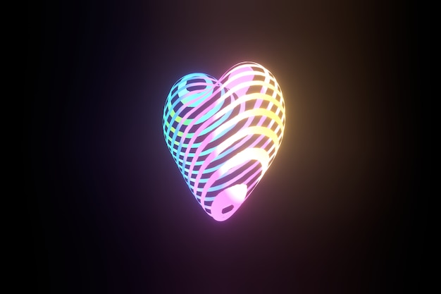 Flying heart made of colorful bright ribbons. 3D rendering.