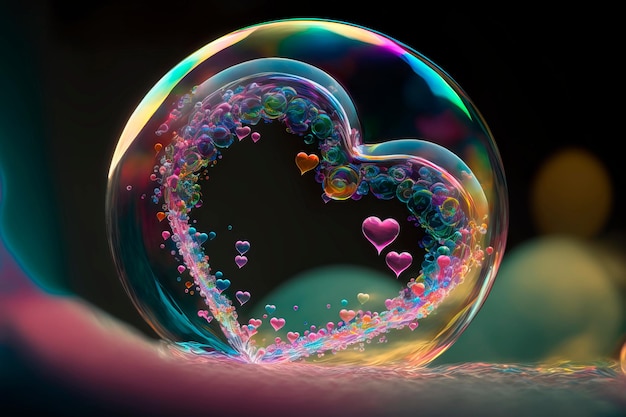 Flying heart shaped shiny soap bubbles Generative AI