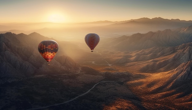 Flying high in hot air balloon adventure in mountain landscape generated by AI