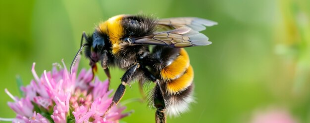 蜂が花の上を飛んで花粉を集める