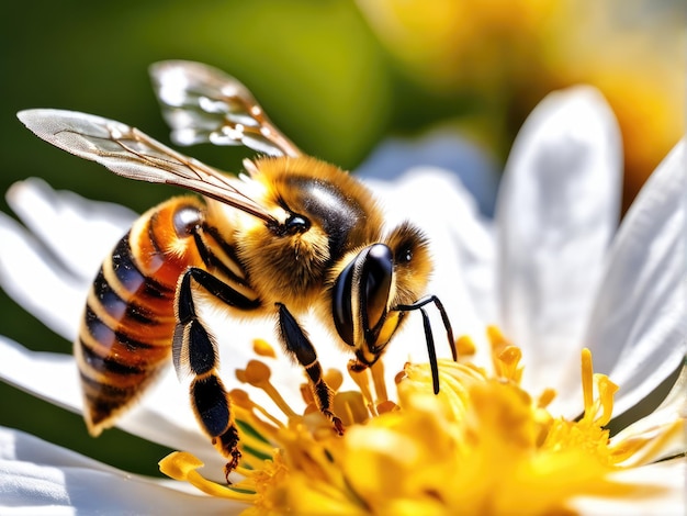 Flying honey bee collecting pollen at yellow flower Bee flying over the flower