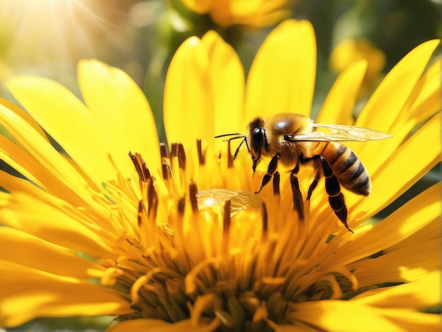 Flying honey bee collecting pollen at yellow flower Bee flying over the flower