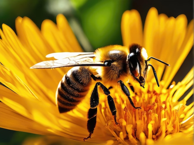Летающая медоносная пчела собирает пыльцу на желтом цветке Пчела летит над цветком