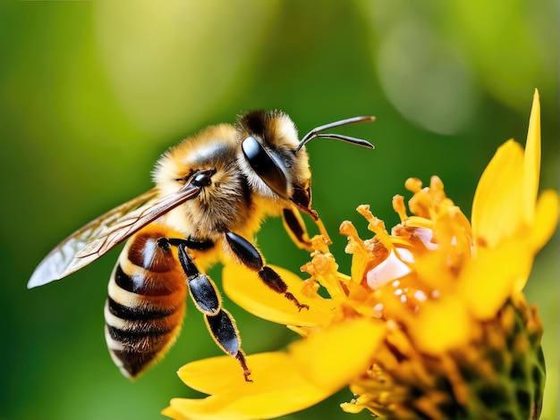 Flying honey bee collecting pollen at yellow flower Bee flying over the flower