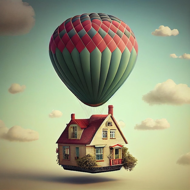 Flying house with hot air balloon 3d render illustration