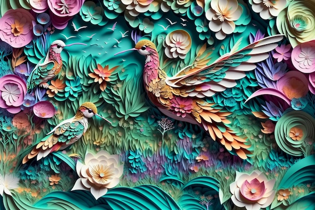 Flying hummingbird against a background of flowers Generative AI