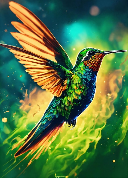 Flying hummingbird with green forest in background Small colorful bird in flight Digital art