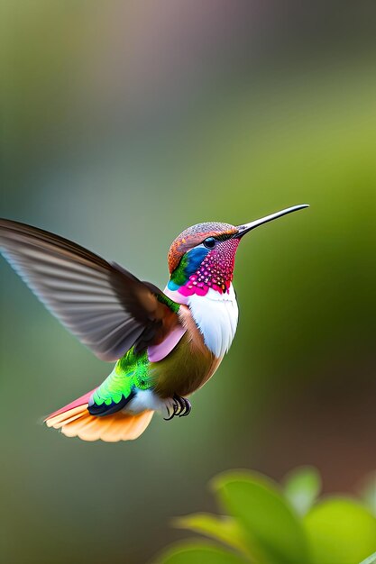 Flying hummingbird with green forest in background Small colorful bird in flight