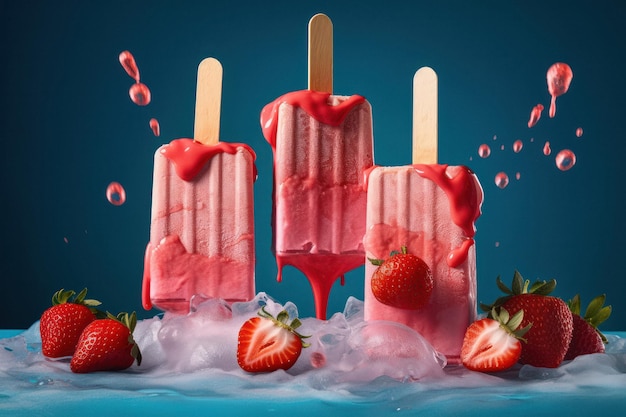 Flying Ice Cream ijslolly's met verse aardbeien op pastel achtergrond