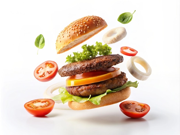 Flying ingredients of a cheeseburger sesame bun onion rings tomato slices in white background