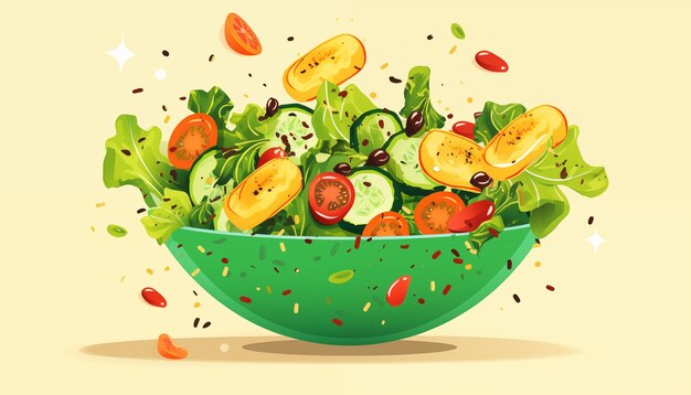 flying ingredients of salad on salad bowl illustration