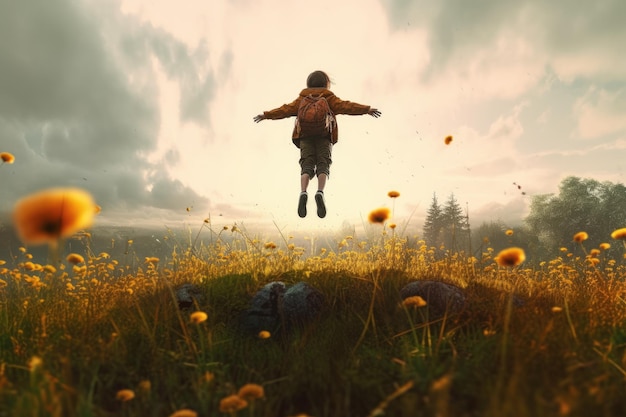 Flying kid at a flower field