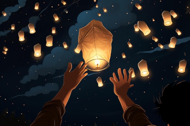 Photo flying lantern in the dark sky people with their relatives and friends launch traditional lanterns