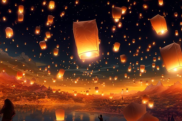 Фото Летающие фонарики в ночном небе во время фестиваля дивали в индии, йи пэн или день середины осени в китае