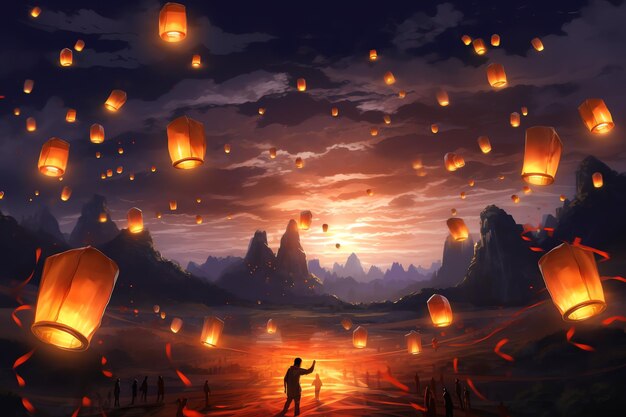 Flying lanterns in the night sky during the diwali festival india yee peng or midautumn day in china