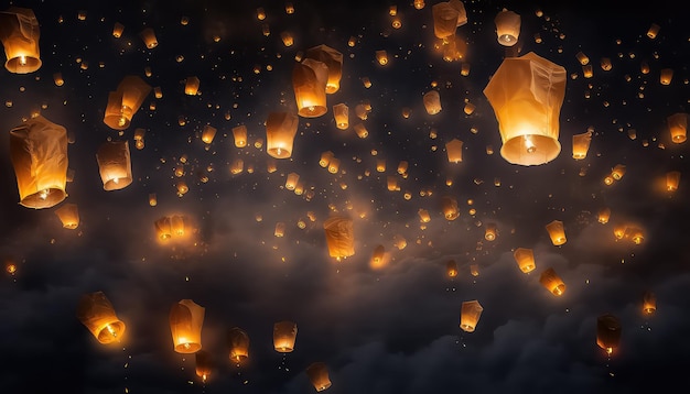 インドのディワリ祭で空に飛ぶランタン