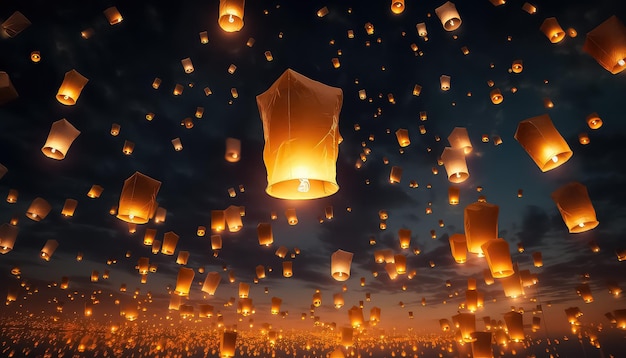 Flying lanterns in the sky during the Diwali festival in India