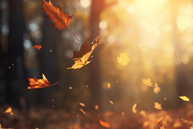 秋の森の背景に飛ぶ葉 太陽の光に輝く黄金の秋