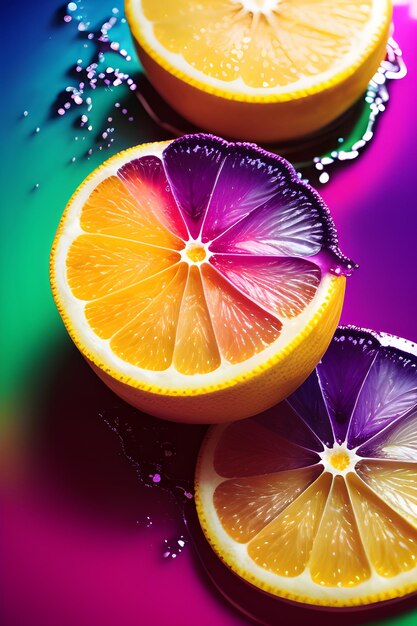 Photo flying lemon slices with yellow and purple water ink splash splash art