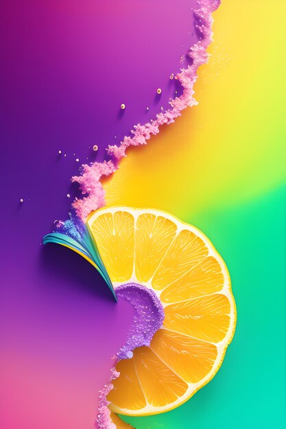 Flying lemon slices with yellow and purple water ink splash Splash ART