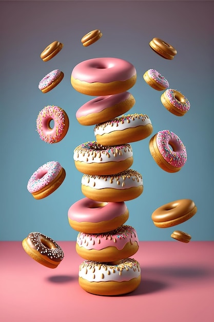 Flying levitation Stack or tower of tasty sweet different colored donuts