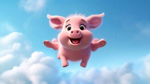 Photo flying little pink pigcute cartoon styleblender rendgenerative ai