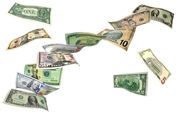 Photo flying money bills of all denominations