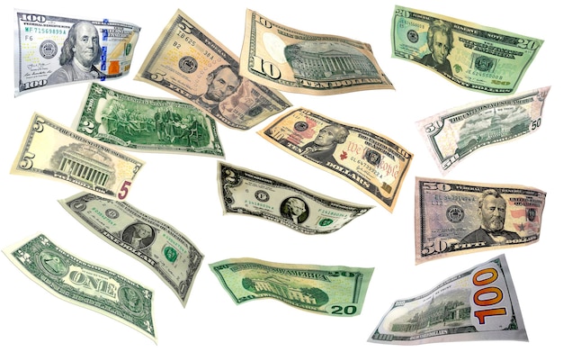 Flying money dollar bills of various denominations in free flight