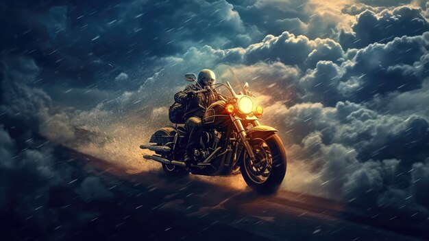 Flying Motorcycle In A Storm Ocean Generative AI