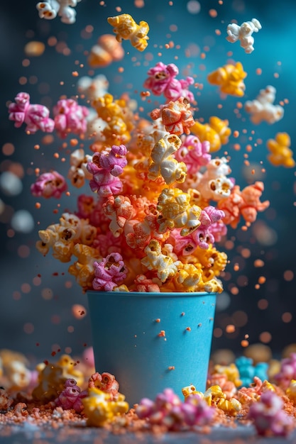 Flying multicolored popcorn in a bright glass on a blue background