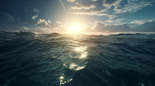 Flying over the Ocean during golden hour Giant waves foaming and splashing