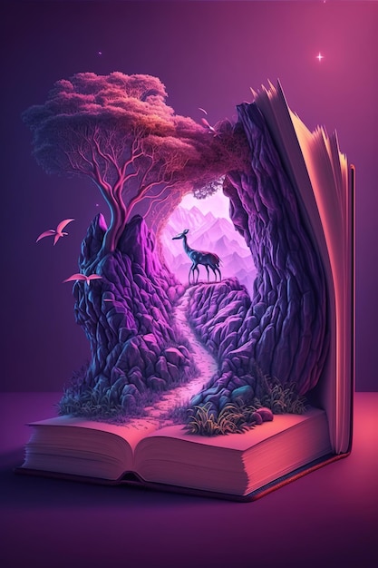 Photo flying open book with splashing magic nature world with animals