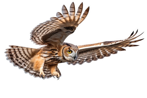 Flying owl on white background
