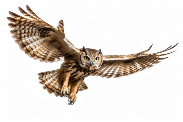 Flying owl on white background