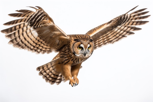 Flying owl on white background