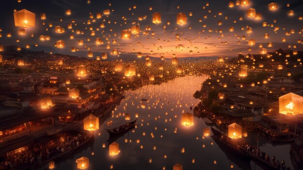 Photo flying paper lanterns generative ai