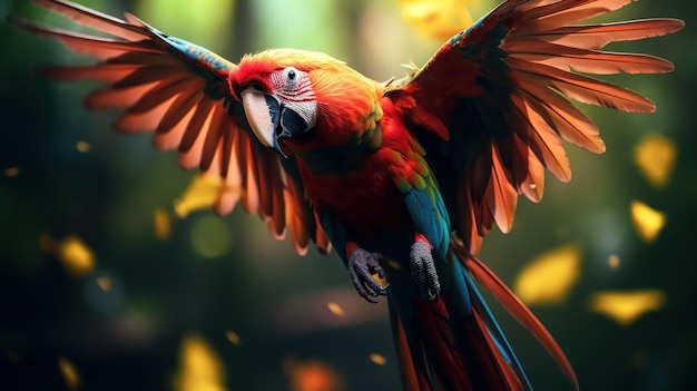 a flying parrot in the green tropical