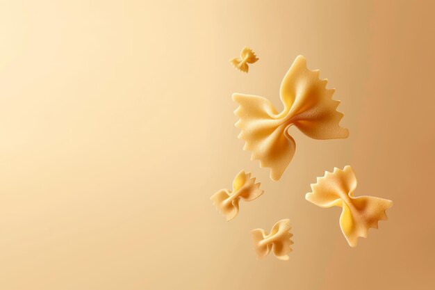 Flying pasta Farfalle close up Levitating pasta Light brown background top view Space for text