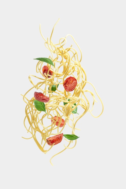 Photo flying pasta with tomatoes and basil on a gray background