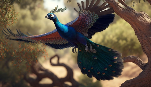 Flying peacock bird in the tree realistic impressi Ai generated art