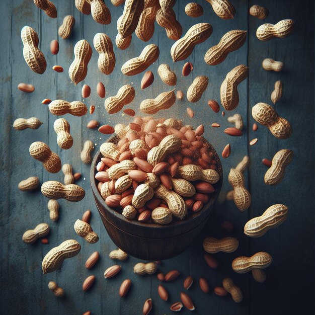 Flying peanuts in a wooden bowl on a rustic wooden background