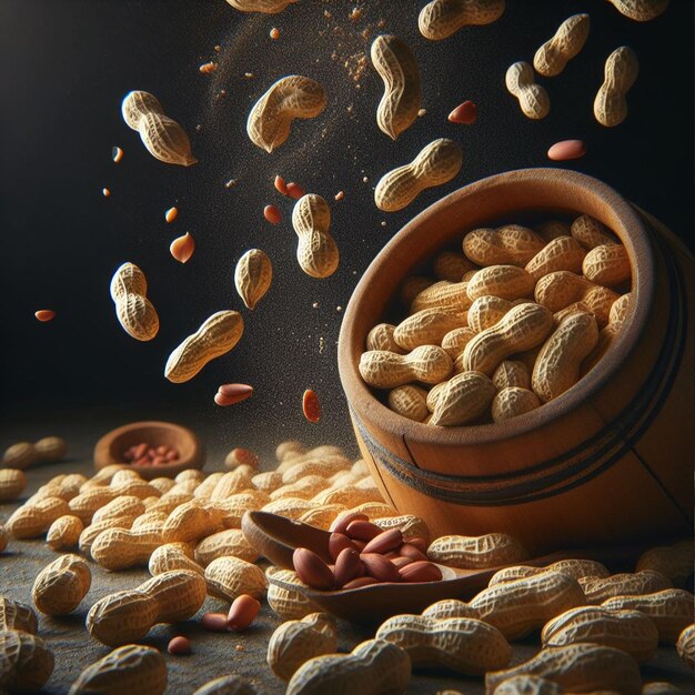 Flying peanuts in a wooden bowl on a rustic wooden background