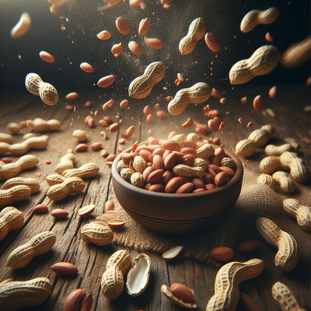 木製の背景に木製の鉢に飛ぶピーナッツ